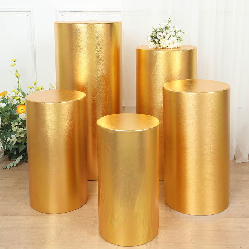 Set of 5 Metallic Spandex Cylinder Display Box Stand Covers, Shiny Stretchable Pedestal Pillar Prop Covers 130 GSM