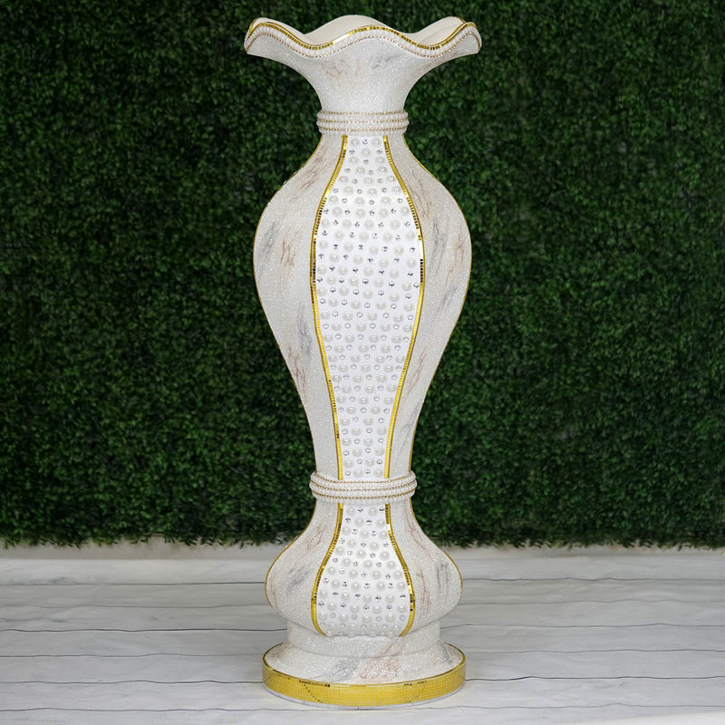 Shimmering Gold Glittered Marble Design Flower Pot Vase With Pearls and Mirror Mosaic Embellishment 40