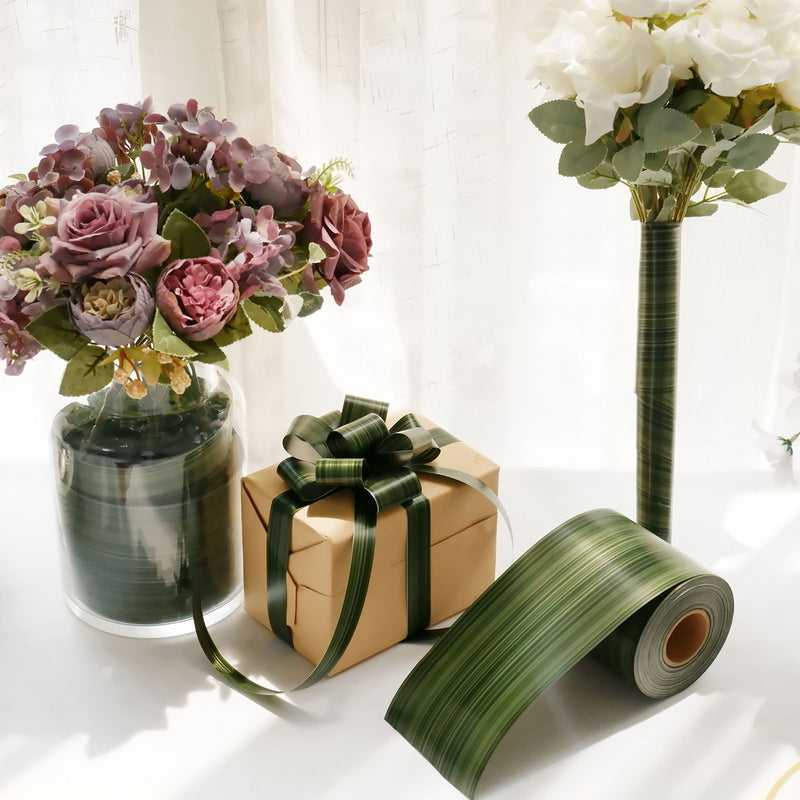 Green Ti Leaf Two Sided Craft Satin Bouquet Ribbon Wrap, Waterproof Floral DIY Supplies 50 Yards 4