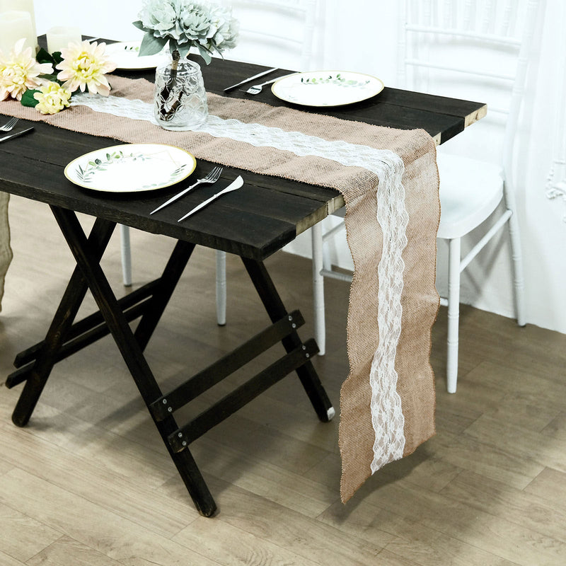 Natural Jute Burlap Table Runner With Middle White Lace, Boho Chic Rustic Decor 14
