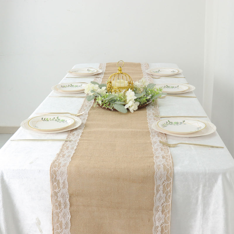 Natural Jute Burlap Table Runner With White Lace Trim Edges, Boho Chic Rustic Decor 14