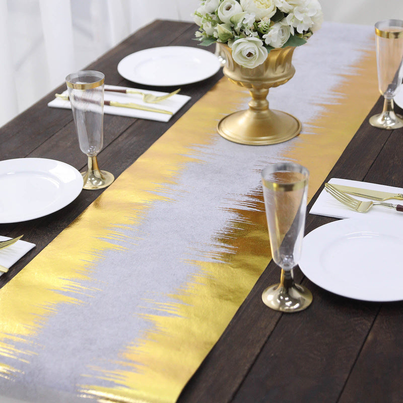 Metallic Gold / White Icicle Print Non-Woven Foil Table Runner 108