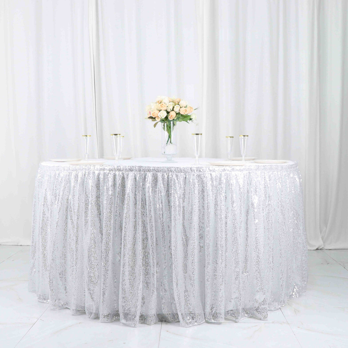 Sequin Pleated Satin Table Skirt With Top Velcro Strip 17ft – eHomemart