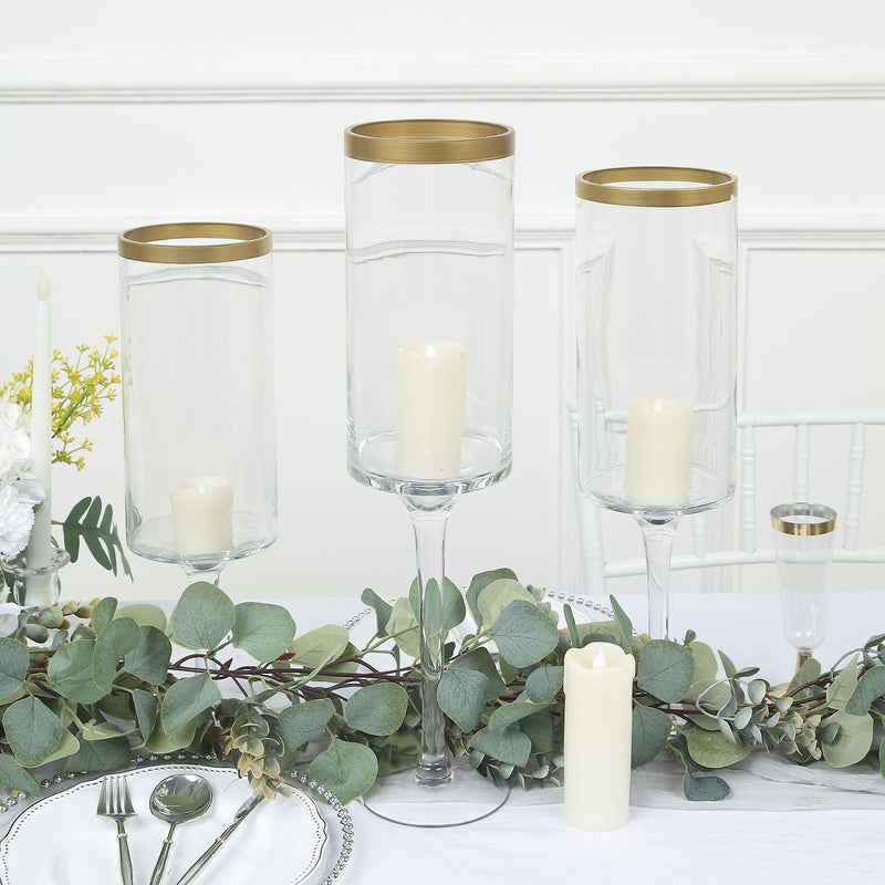 Set of 3 Clear Gold Rimmed Long Stem Glass Hurricane Candle Holders, Cylindrical Pedestal Flower Vases 16