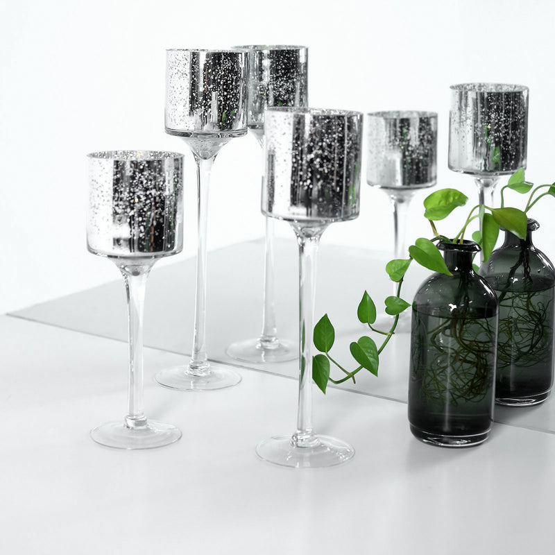 Set of 3 Long Stem Speckled Mercury Cylinder Glass Vases, Tealight Candle Holder Set 12