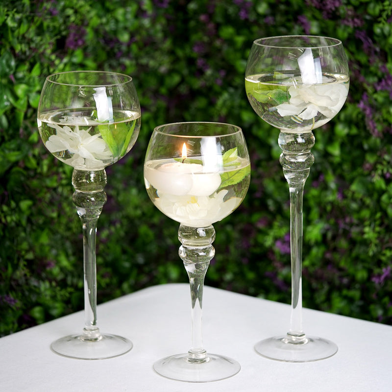 Set of 3 | Clear Long Stem Globe Glass Vase Candle Holder Set - 12