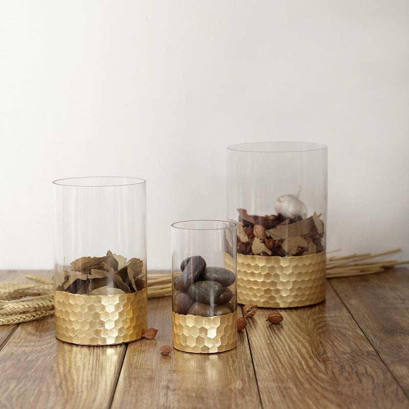 Set of 3 Clear Glass Cylinder Vases with Gold Honeycomb Base, Votive Tealight Candle Holder Set 6