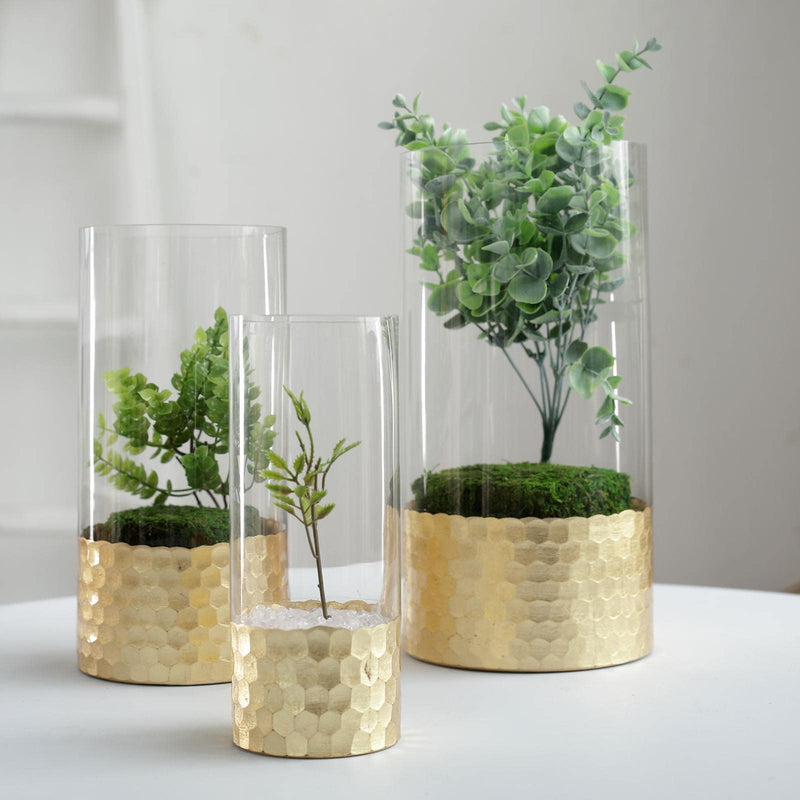 Set of 3 Clear Glass Cylinder Vases with Gold Honeycomb Base, Votive Tealight Candle Holder Set 8