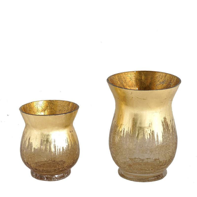 2 Pack | Gold Curvy Bell Shaped Crackle Glass Hurricane Vase, Votive Tealight Candle Holders