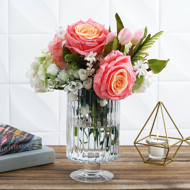 2 Pack Clear Ribbed Pedestal Heavy Duty Glass Vases, Tealight Votive Candle Holders 9
