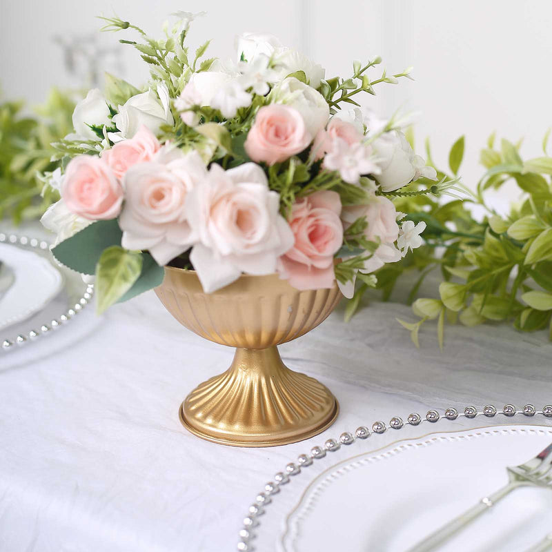 2 Pack Gold Metal Ribbed Bowl Style Flower Table Pedestal Vase, Antique Mini Compote Vase 4