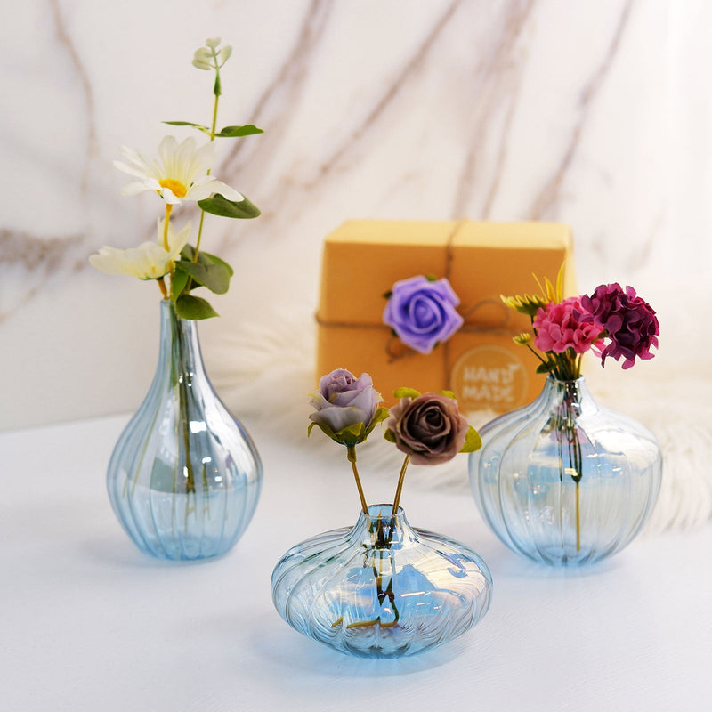 Set of 3 Ribbed Design Glass Flower Bud Vases, Table Centerpiece Taper Candle Holders - Assorted Sizes