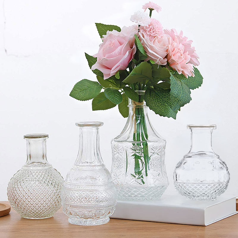 Set of 4 Clear Glass Antique Decorative Table Centerpieces, Vintage Mini Bud Flower Vases
