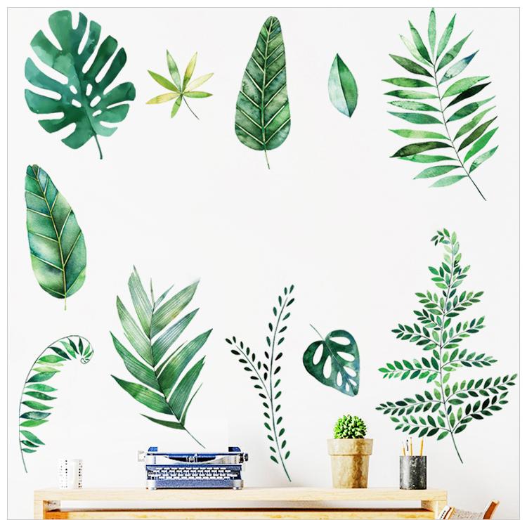 Green Tropical Assorted Leaves Wall Decals, Plant Peel Removable Stickers