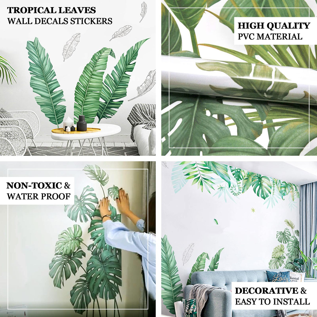 Green Tropical Assorted Leaves Wall Decals, Plant Peel Removable ...
