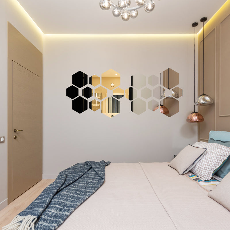 Pack of 12 | Hexagon Mirror Wall Stickers, Acrylic Removable Wall Decals For Home Decor