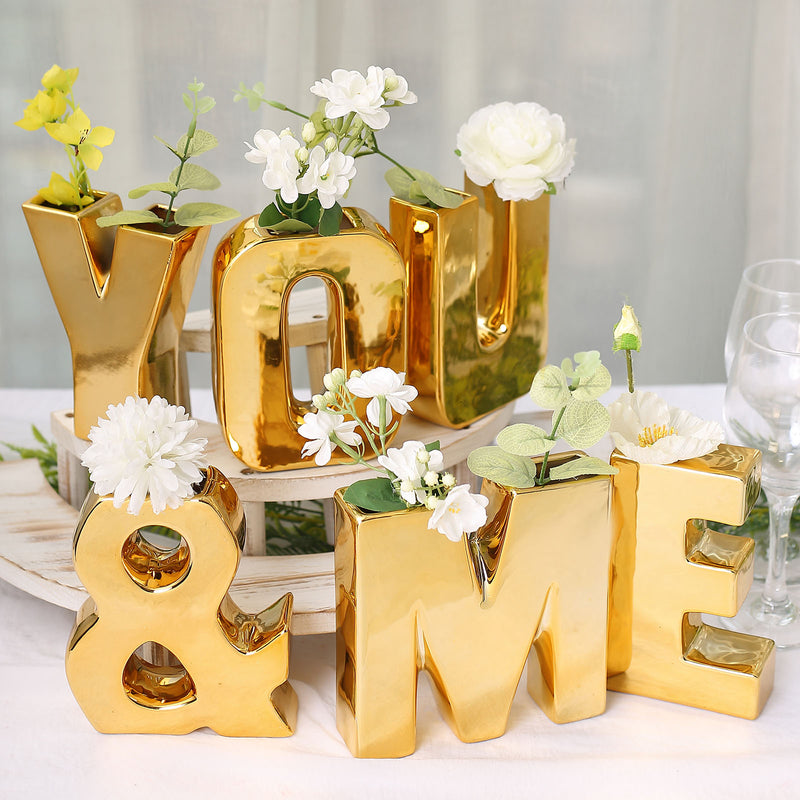 Shiny Gold Plated Ceramic Letter Sculpture Flower Vase, Bud Planter Pot Table Centerpiece 6